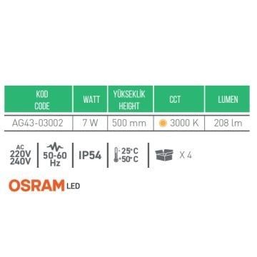 ACK AG43-03002 Teras 7 Watt 50 cm LED Bollard Armatür - OSRAM LED - Gün Işığı (3000K) - Metal Gövde