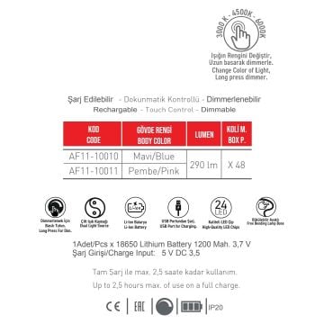 ACK AF11-10012 Dimli ve Dokunmatik Şarjlı LED Masa Lambası - 3 Işık Renkli (Beyaz + Ilık Beyaz + Gün Işığı)