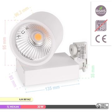 ACK AD30-04010 30 Watt Beyaz Kasa LED Ray Spot - OSRAM LED & OSRAM/PHILIPS Driver - Ilık Beyaz (4000K)