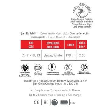 ACK AF11-10013 Dimli ve Dokunmatik Şarjlı LED Masa Lambası - 3 Işık Renkli (Beyaz + Ilık Beyaz + Gün Işığı)
