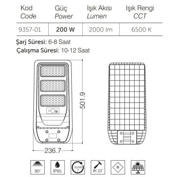inoled 9357-01 200 Watt Sensörlü Solar Sokak Armatürü - Beyaz Işık (6500K)