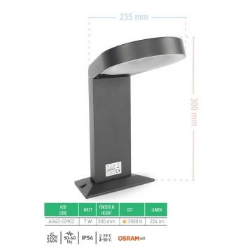 ACK AG43-02902 Teras 7 Watt 30 cm LED Bollard Armatür - OSRAM LED - Gün Işığı (3000K) - Metal Gövde