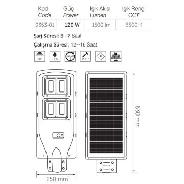 inoled 9353-01 120 Watt Sensörlü Solar Sokak Armatürü - Beyaz Işık (6500K)