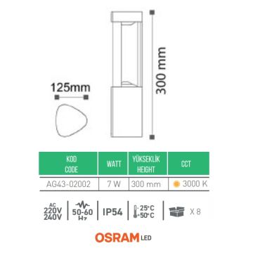 ACK AG43-02002 Dallas 7 Watt 30 cm LED Bollard Armatür - OSRAM LED - Gün Işığı (3000K) - Metal Gövde
