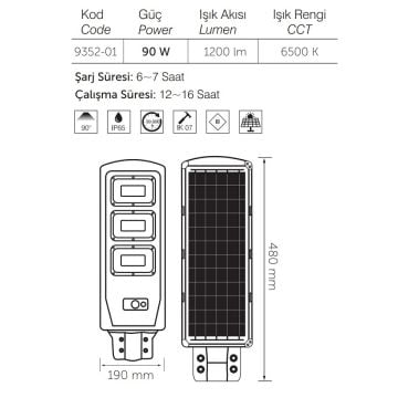 inoled 9352-01 90 Watt Sensörlü Solar Sokak Armatürü - Beyaz Işık (6500K)