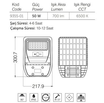 inoled 9355-01 50 Watt Sensörlü Solar Sokak Armatürü - Beyaz Işık (6500K)