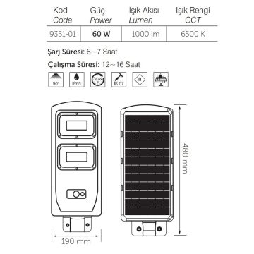 inoled 9351-01 60 Watt Sensörlü Solar Sokak Armatürü - Beyaz Işık (6500K)