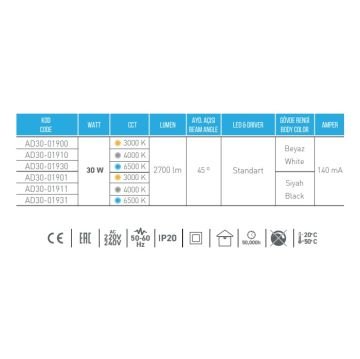 ACK AD30-01930 30 Watt Beyaz Kasa LED Ray Spot - Beyaz Işık (6500K)