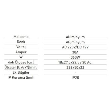 JUPITER LK936 12 Volt 30 Amper 360 Watt Utra Slim LED Trafosu
