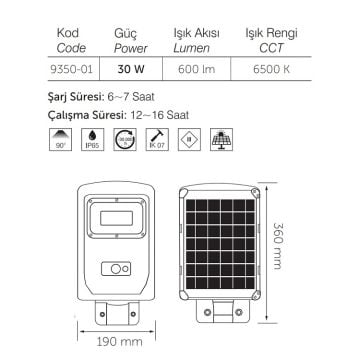inoled 9350-01 30 Watt Sensörlü Solar Sokak Armatürü - Beyaz Işık (6500K)
