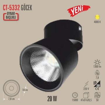 CATA CT-5332 Göcek 20 Watt Siyah Sıva Üstü Hareketli LED Spot - Ilık Beyaz (4000K)