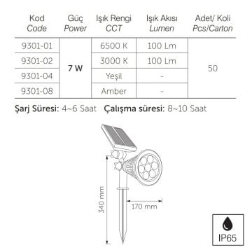 inoled 9301-08 7 Watt Solar Kazıklı Çim Armatürü - Amber