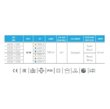 ACK AD30-11031 10 Watt Siyah Kasa LED Ray Spot - Beyaz Işık (6500K)