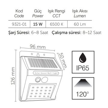 inoled 9321-01 15 Watt Solar Duvar Apliği - Beyaz Işık (6500K)