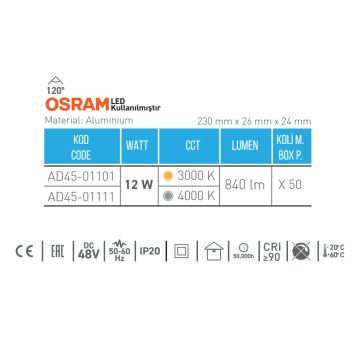 ACK AD45-01101 12 Watt 23 cm OSRAM LED Magnet Armatür - Gün Işığı (3000K)