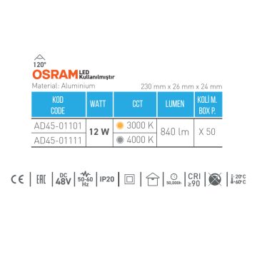 ACK AD45-01111 12 Watt 23 cm OSRAM LED Magnet Armatür - Ilık Beyaz (4000K)