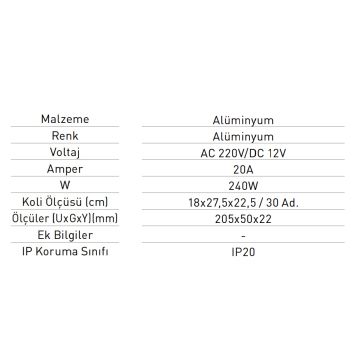 JUPITER LK924 12 Volt 20 Amper 240 Watt Utra Slim LED Trafosu