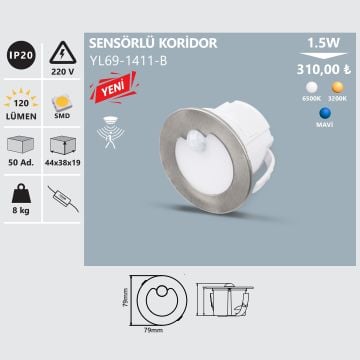 NOAS YL69-1411-B 1.5 Watt Saten Kasa Sensörlü Sıva Altı Yuvarlak LED Merdiven Armatürü