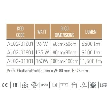 ACK AL02-01101-6500K 163 Watt 100x100 cm Üçgen Lineer Armatür - Beyaz Işık (6500K) [SAMSUNG/OSRAM LED & TRIDONIC/PHILIPS/MEAN WELL Driver]