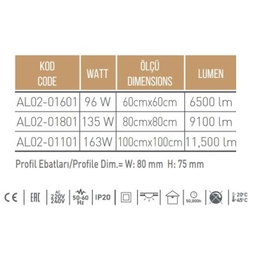 ACK AL02-01101-3000K 163 Watt 100x100 cm Üçgen Lineer Armatür - Gün Işığı (3000K) [SAMSUNG/OSRAM LED & TRIDONIC/PHILIPS/MEAN WELL Driver]