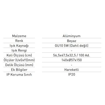JUPITER JR659 B Beyaz Ray Spot Kasası (GU10 Duylu)