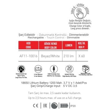 ACK AF11-10016 Dimli ve Dokunmatik Şarjlı LED Masa Lambası - 3 Işık Renkli (Beyaz + Ilık Beyaz + Gün Işığı)