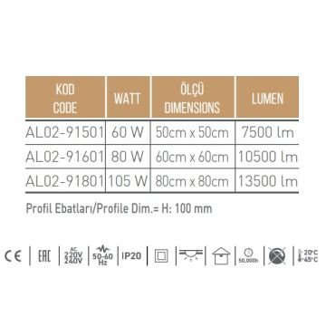 ACK AL02-91801 105 Watt 80x80 cm Lineer Armatür (SAMSUNG/OSRAM LED & PHILIPS/TRIDONIC/MEAN WELL Driver)