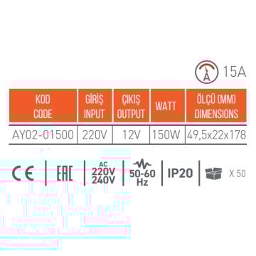 ACK AY02-01500 12 Volt 12.5 Amper 150 Watt LED Trafosu