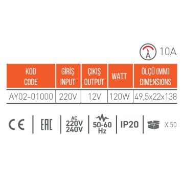 ACK AY02-01000 12 Volt 10 Amper 120 Watt LED Trafosu