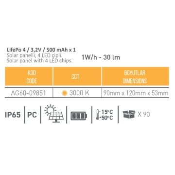 ACK AG60-09851 1 Watt Solar Aplik - Gün Işığı (3000K)