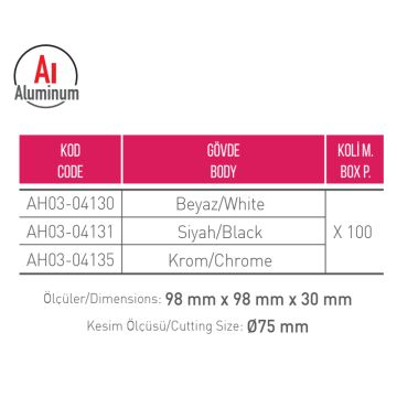 ACK AH03-04130 Beyaz Sıva Altı Kare Spot Kasası - Metal
