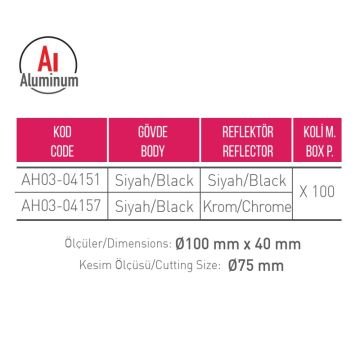 ACK AH03-04151 Siyah Sıva Altı Yuvarlak Spot Kasası - Metal