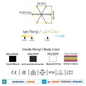 ACK AL02-90301 63 Watt 100 cm Altıgen Lineer Armatür (SAMSUNG/OSRAM LED & PHILIPS/TRIDONIC/MEAN WELL Driver)