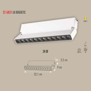 CATA CT-5831 Lia Beyaz 24 Watt 22 cm Lensli Hareketli LED Magnet Armatür - Gün Işığı (3200K)