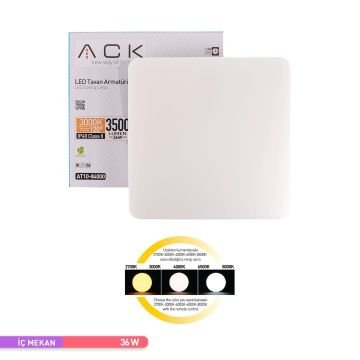 ACK AT10-84001 36 Watt Dimli Kare Dekoratif LED Tavan Armatürü - 3 Işık Renkli (Beyaz + Ilık Beyaz + Gün Işığı)