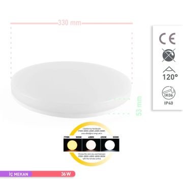 ACK AT10-83001 36 Watt Dimli Dekoratif LED Tavan Armatürü - 3 Işık Renkli (Beyaz + Ilık Beyaz + Gün Işığı)