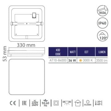 ACK AT10-84000 36 Watt Kare Dekoratif LED Tavan Armatürü - 3 Işık Renkli (Beyaz + Ilık Beyaz + Gün Işığı)