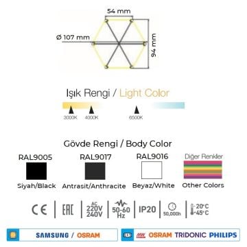 CreaLight AL02-90211 42 Watt 100 cm Altıgen Lineer Armatür (SAMSUNG/OSRAM LED & PHILIPS/TRIDONIC/MEAN WELL Driver)