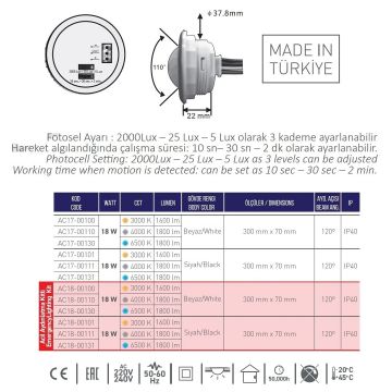 ACK AC18-00131 18 Watt Siyah Kasa Sensörlü ve Acil Aydınlatma Kitli LED Tavan Armatürü - Beyaz Işık (6500K)