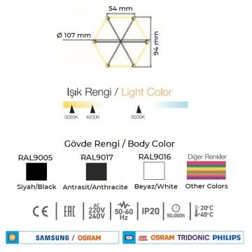 CreaLight AL02-90201 42 Watt 100 cm Altıgen Lineer Armatür (SAMSUNG/OSRAM LED & PHILIPS/TRIDONIC/MEAN WELL Driver)