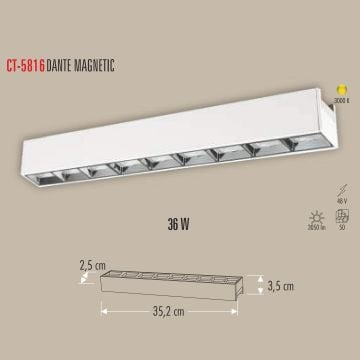CATA CT-5816 Dante Beyaz 36 Watt 35 cm Lensli LED Magnet Armatür - Gün Işığı (3200K)