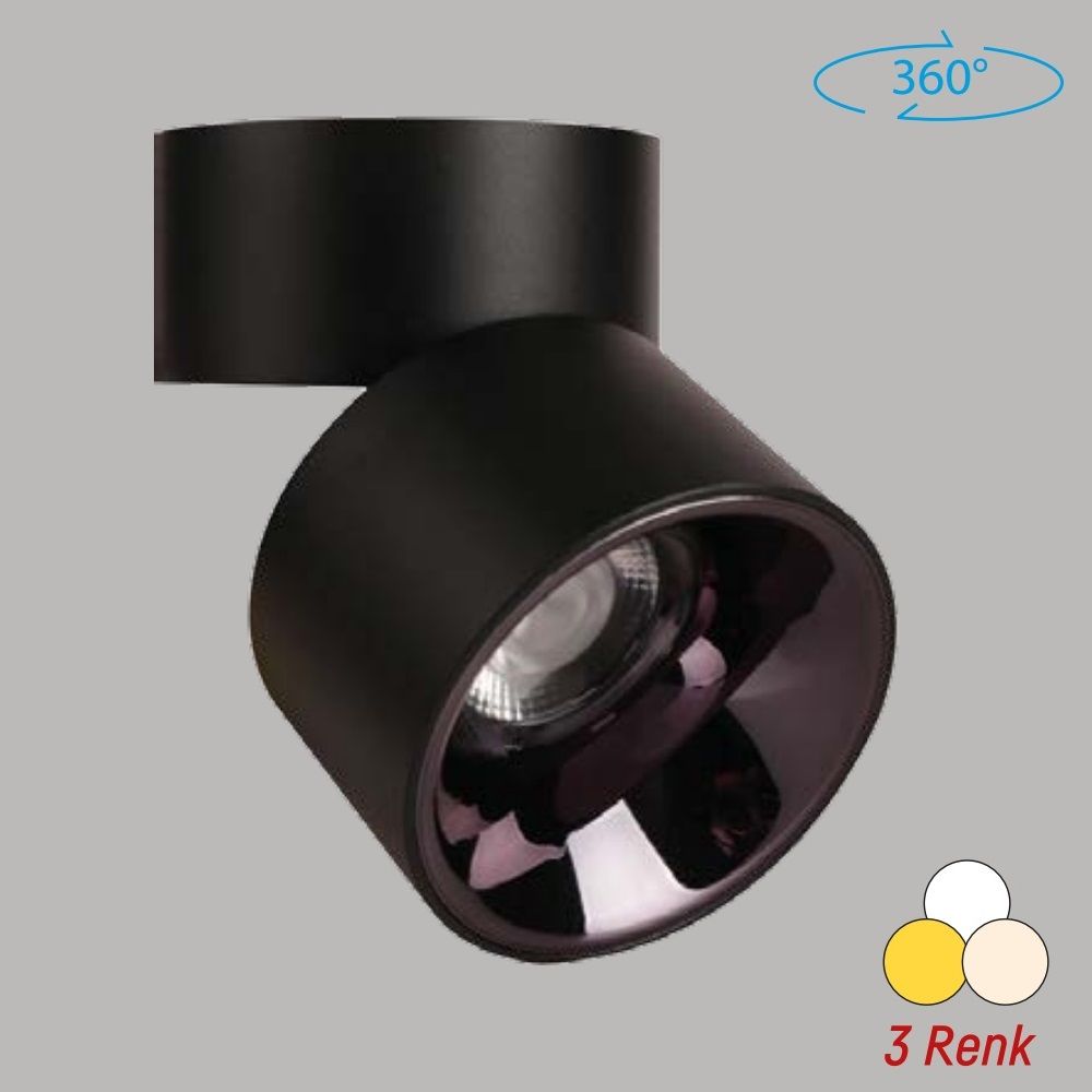 YCL YC 800 12 Watt Siyah Sıva Üstü Hareketli LED Spot - 3 Işık Renkli (Beyaz + Ilık Beyaz + Gün Işığı)