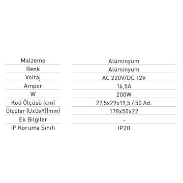 JUPITER LK920 12 Volt 16.5 Amper 200 Watt Ultra Slim LED Trafosu