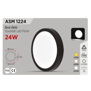 YCL ASM 1224 24 Watt Siyah Kasa Sıva Üstü Yuvarlak LED Panel