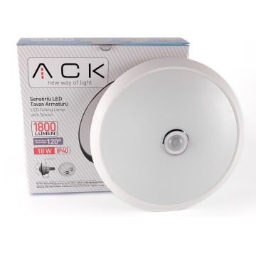 ACK AC18-00130 18 Watt Sensörlü ve Acil Aydınlatma Kitli LED Tavan Armatürü - Beyaz Işık (6500K)