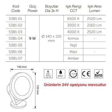 inoled 5381-07 9 Watt LED Bahçe Armatürü - Amber Işık