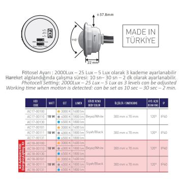 ACK AC17-00111 18 Watt Siyah Kasa Sensörlü LED Tavan Armatürü - Ilık Beyaz (4000K)