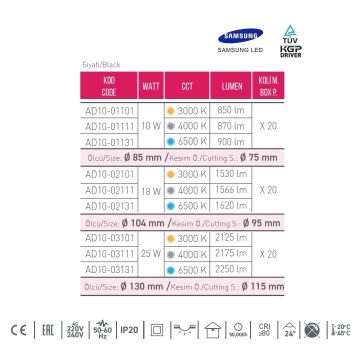 ACK AD10-01101 10 Watt Siyah Sıva Altı Yuvarlak SAMSUNG LED Spot - Gün Işığı (3000K)