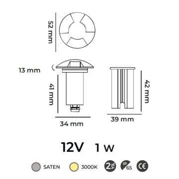MOLLED MOL9027 12 Volt 1 Watt Saten Çerçeve Yere Gömme LED Armatür - Gün Işığı (3000K) - IP65