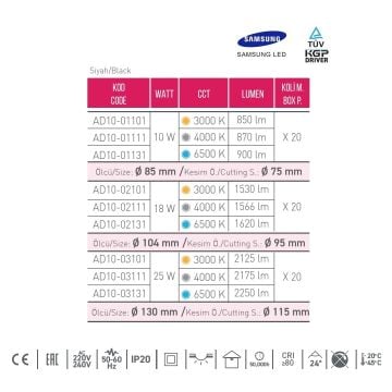 ACK AD10-01111 10 Watt Siyah Sıva Altı Yuvarlak SAMSUNG LED Spot - Ilık Beyaz (4000K)